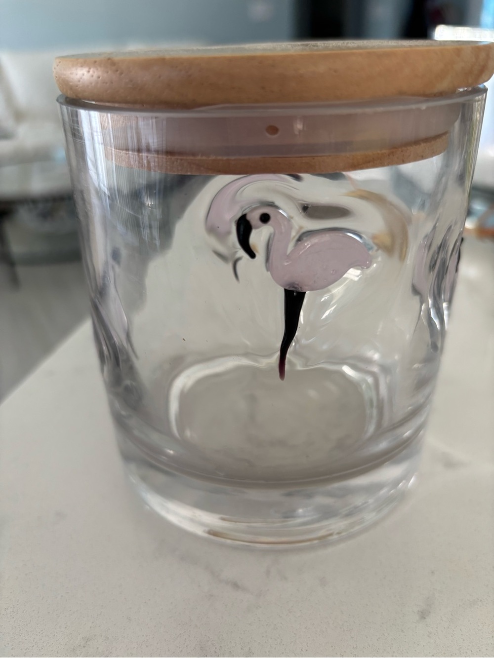 Glass Storage Jar with Light Pink Flamingo and Wood Lid